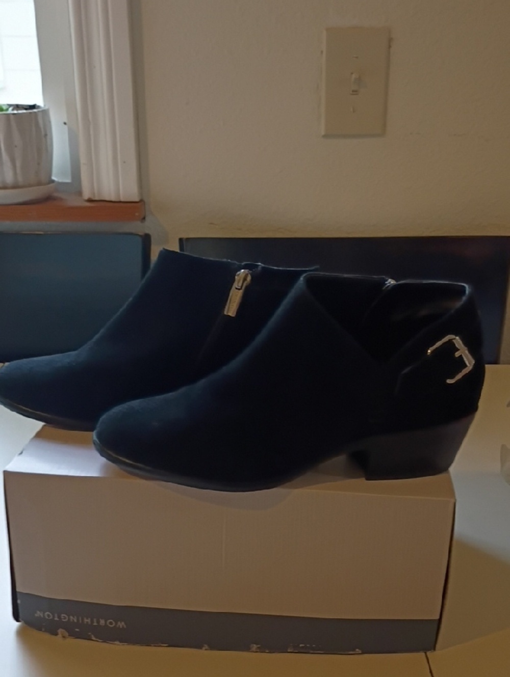 Women’s Black Suede Ankle Booties with Side Zip and Buckle